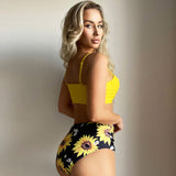 Chic Sunflower Print High Waist Underwire Brazilian Two Piece Bikini Swimsuit