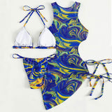 Chic Swirl Print Slide Triangle Brazilian Three Piece Bikini Swimsuit
