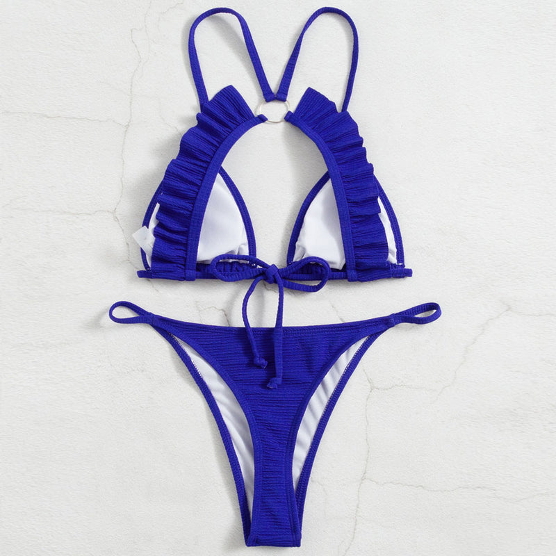 Chic Textured Ruffle Slide Triangle Thong Brazilian Two Piece Bikini Swimsuit