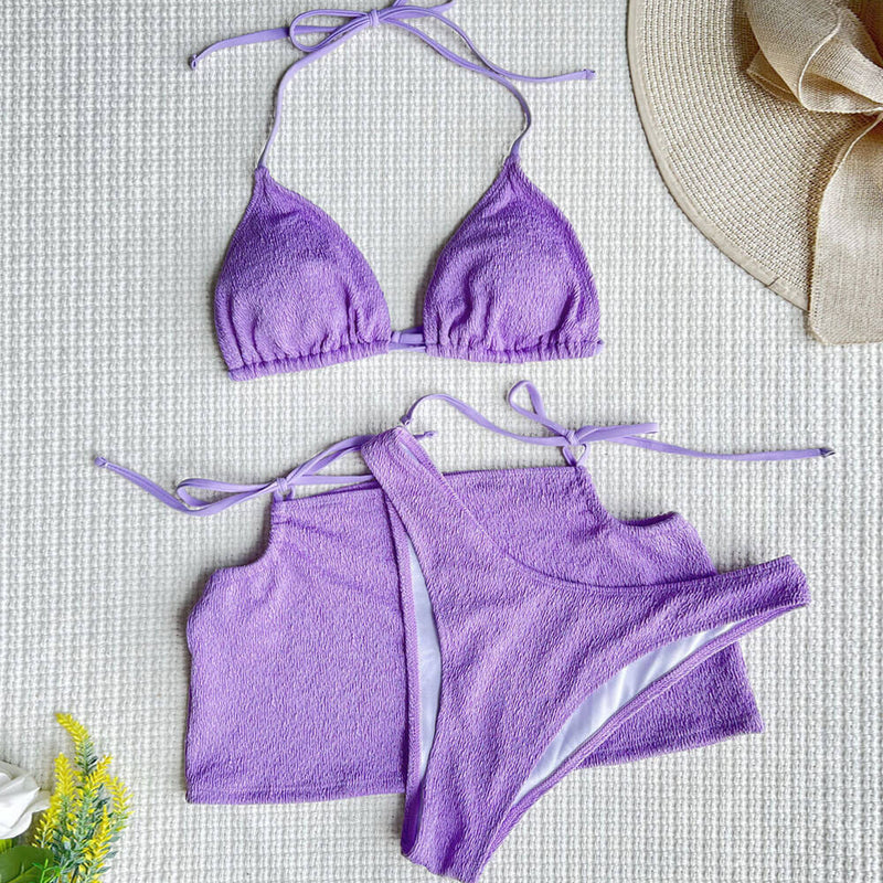 Classy Smocked Sarong High Cut Slide Triangle Brazilian Three Piece Bikini Swimsuit