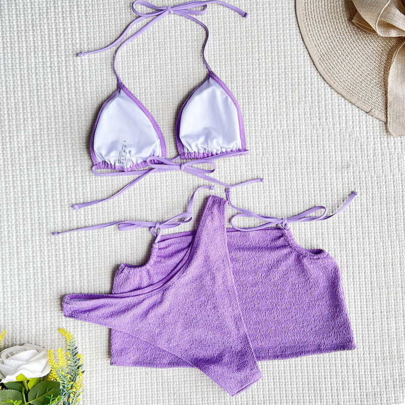 Classy Smocked Sarong High Cut Slide Triangle Brazilian Three Piece Bikini Swimsuit