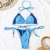 Color Panel Tie String Slide Triangle Brazilian Two Piece Bikini Swimsuit