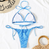 Color Panel Tie String Slide Triangle Brazilian Two Piece Bikini Swimsuit