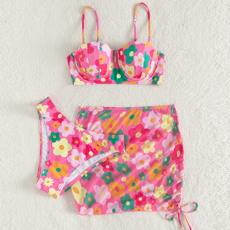 Colorful Floral Scalloped Underwire Brazilian Two Piece Bikini Swimsuit