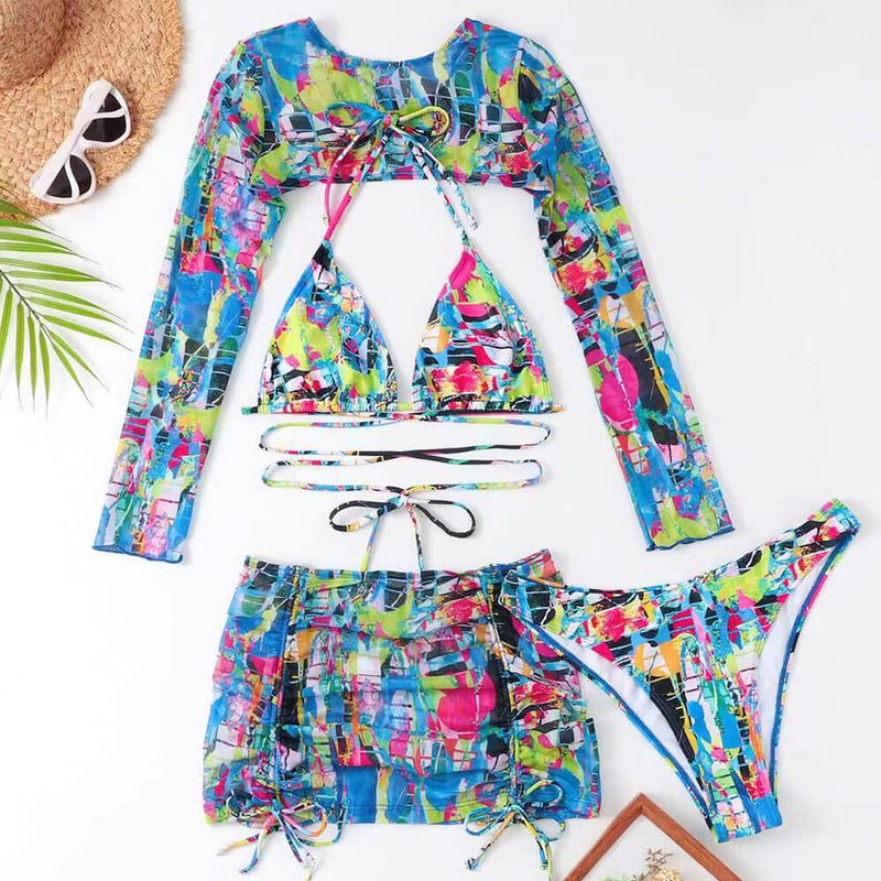 Colorful Printed Wrap Slide Triangle Brazilian Four Piece Bikini Swimsuit