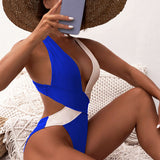 Contrast Color High Cut Deep V Scrunch Back Brazilian One Piece Swimsuit
