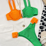 Contrast High Cut Ring Rib Underwire Brazilian Two Piece Bikini Swimsuit