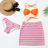 Contrast Color Stripe Print Slide Triangle Brazilian Three Piece Bikini Swimsuit