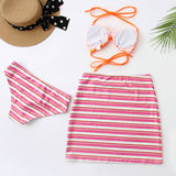 Contrast Color Stripe Print Slide Triangle Brazilian Three Piece Bikini Swimsuit