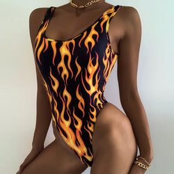 Contrast Flame Print High Cut Scoop Neck Brazilian One Piece Swimsuit