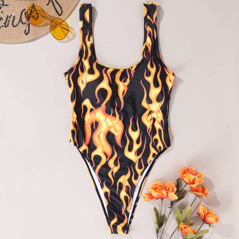 Contrast Flame Print High Cut Scoop Neck Brazilian One Piece Swimsuit