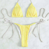 Contrast Textured Tie String Slide Triangle Brazilian Two Piece Bikini Swimsuit