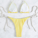 Contrast Textured Tie String Slide Triangle Brazilian Two Piece Bikini Swimsuit