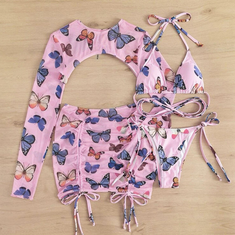 Cute Butterfly Print Slide Triangle Brazilian Four Piece Bikini Swimsuit