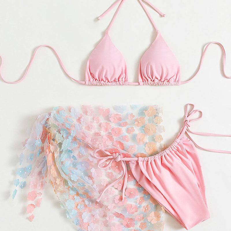 Cute Floral Applique Slide Triangle Brazilian Three Piece Bikini Swimsuit