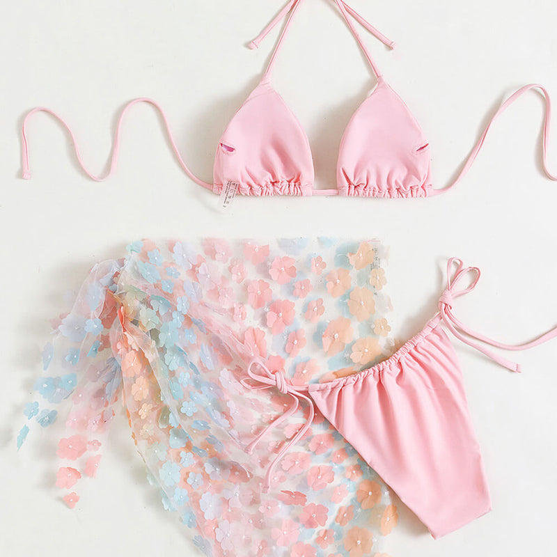 Cute Floral Applique Slide Triangle Brazilian Three Piece Bikini Swimsuit