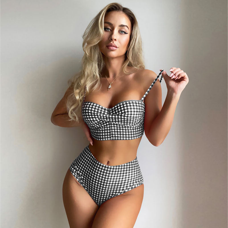 Cute Gingham High Waist Twist Ruched Bralette Brazilian Two Piece Bikini Swimsuit