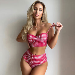 Cute Gingham High Waist Twist Ruched Bralette Brazilian Two Piece Bikini Swimsuit