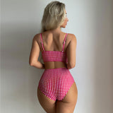 Cute Gingham High Waist Twist Ruched Bralette Brazilian Two Piece Bikini Swimsuit