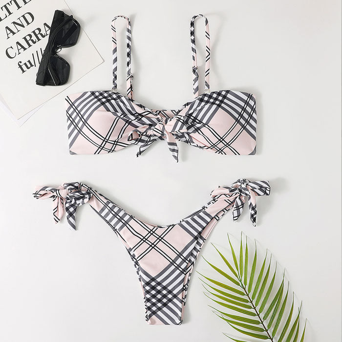 Cute Plaid Print Tie Front Bralette Brazilian Two Piece Bikini Swimsuit