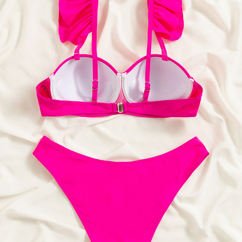Cute Solid Color High Cut Ruffle Underwire Brazilian Two Piece Bikini Swimsuit