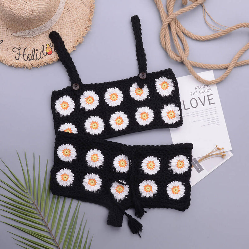 Daisy Floral Crochet Open Knit Bralette Brazilian Two Piece Bikini Swimsuit
