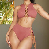 Edgy High Waist Cut Out Lace Up Bralette Brazilian Two Piece Bikini Swimsuit