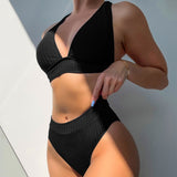 Enchanting Ribbed V Neck Tie Back Brazilian Two Piece Bikini Swimsuit