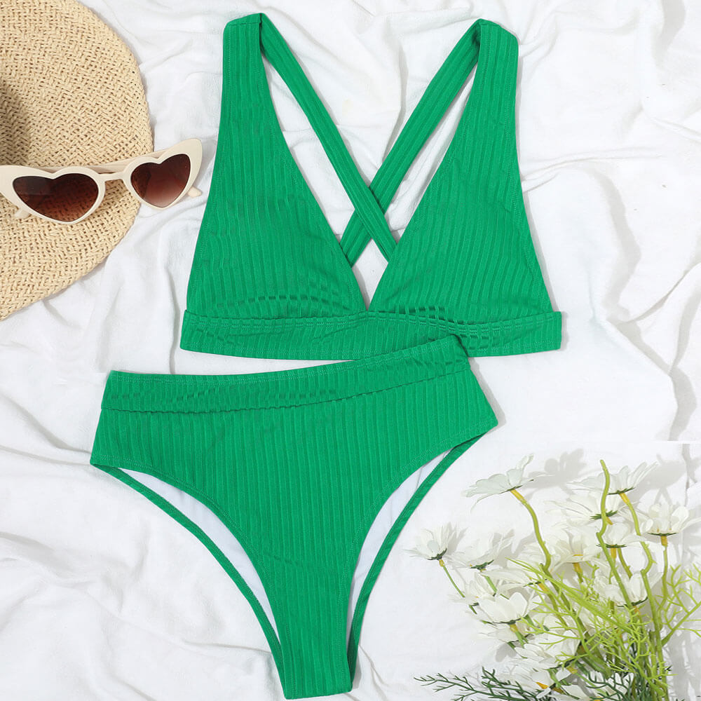 Enchanting Ribbed V Neck Tie Back Brazilian Two Piece Bikini Swimsuit