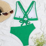 Enchanting Ribbed V Neck Tie Back Brazilian Two Piece Bikini Swimsuit