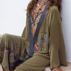 Ethnic Floral Embroidered Sleeved Maxi Brazilian Beach Cover Up