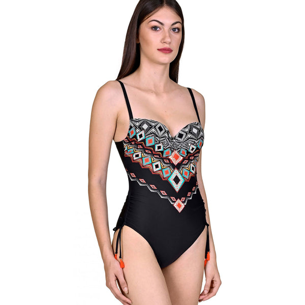 Ethnic Geometric Cinch Side Sweetheart Brazilian One Piece Swimsuit