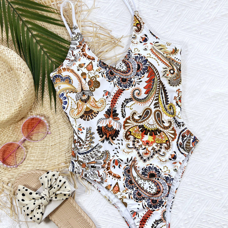 Ethnic Paisley Print High Cut Open Back Brazilian One Piece Swimsuit