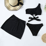 Fabulous Sarong Cut Out O Ring One Shoulder Brazilian Three Piece Bikini Swimsuit