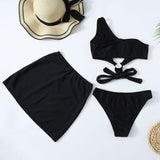 Fabulous Sarong Cut Out O Ring One Shoulder Brazilian Three Piece Bikini Swimsuit