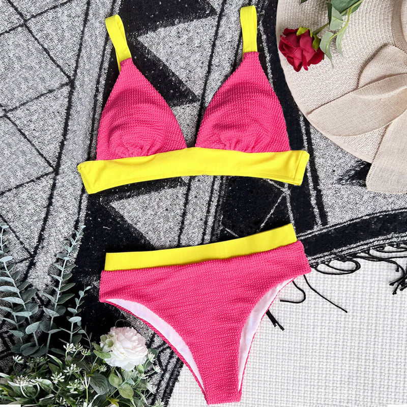 Fabulous Textured Contrast Trim Triangle Brazilian Two Piece Bikini Swimsuit