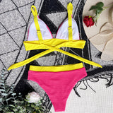 Fabulous Textured Contrast Trim Triangle Brazilian Two Piece Bikini Swimsuit