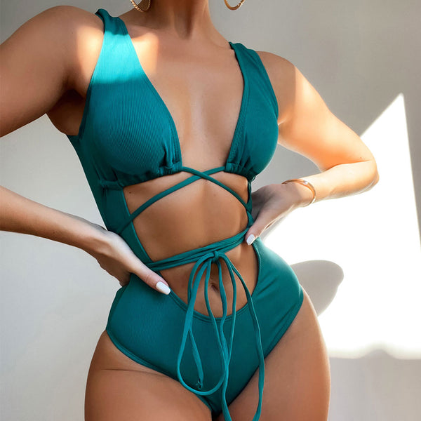 Flirty Ribbed Solid Color High Cut Cutout Tie String Brazilian One Piece Swimsuit