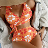 Floral Contrast Color High Waist Wrap Trim V Neck Brazilian Two Piece Bikini Swimsuit