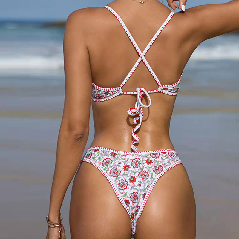 Floral Crochet Notch Trim Bralette Brazilian Two Piece Bikini Swimsuit
