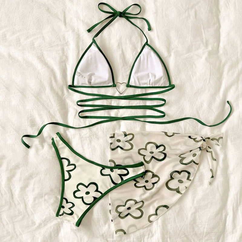 Floral Heart Trim Halter Triangle Brazilian Three Piece Bikini Swimsuit