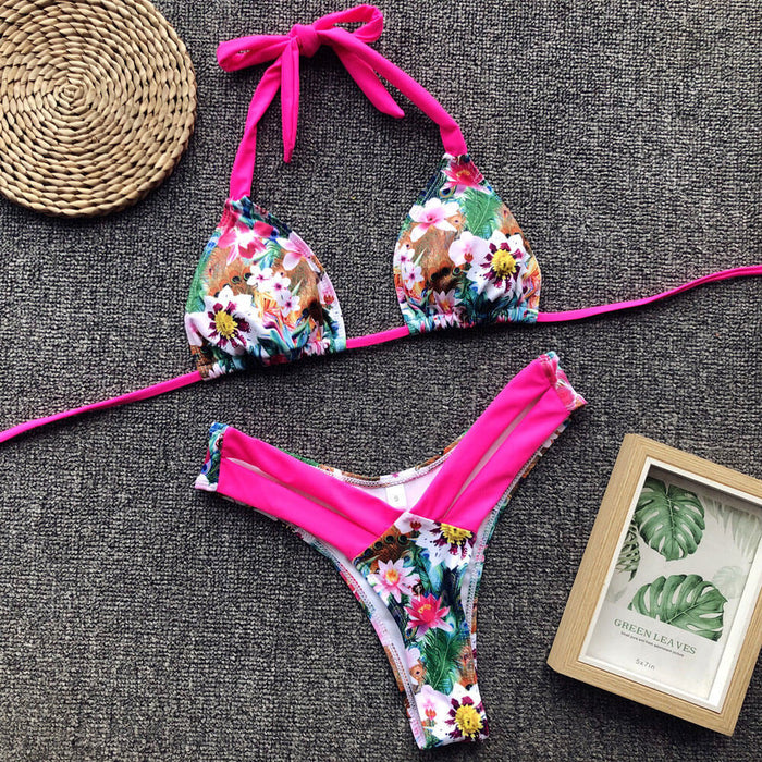 Floral High Leg Slide Triangle Halter Brazilian Two Piece Bikini Swims ...