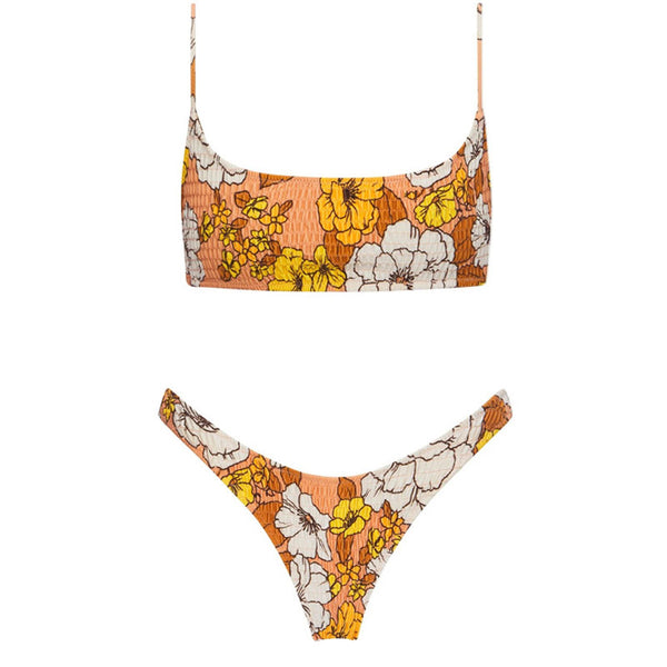 Floral Print High Cut Shirred Bralette Brazilian Two Piece Bikini Swimsuit