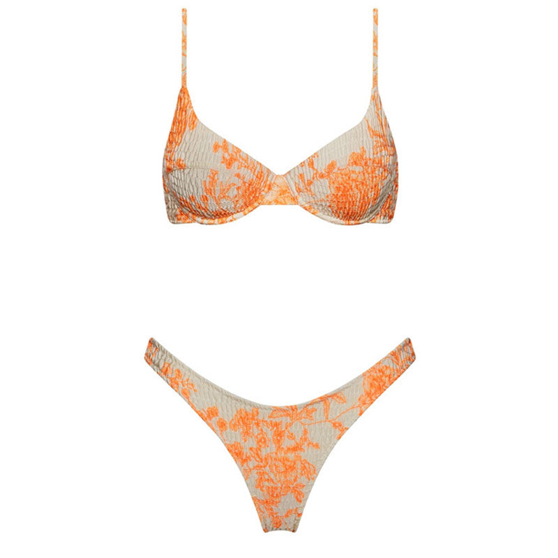 Floral Print High Cut Shirred Underwire Brazilian Two Piece Bikini Swimsuit