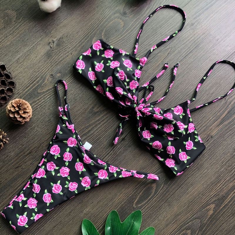 Floral Print Knotted Front String Brazilian Two Piece Bikini Swimsuit