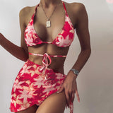 Floral Sarong Tie Dye Print Slide Triangle Brazilian Three Piece Bikini Swimsuit