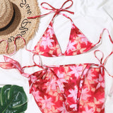 Floral Sarong Tie Dye Print Slide Triangle Brazilian Three Piece Bikini Swimsuit
