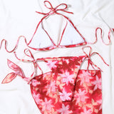 Floral Sarong Tie Dye Print Slide Triangle Brazilian Three Piece Bikini Swimsuit