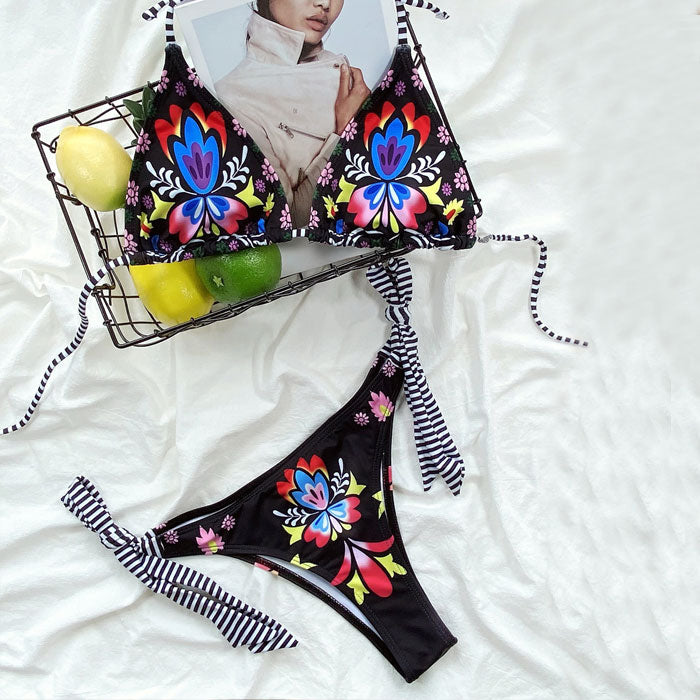 Floral Stripe Trim Halter Slide Triangle Brazilian Two Piece Bikini Swimsuit