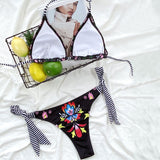 Floral Stripe Trim Halter Slide Triangle Brazilian Two Piece Bikini Swimsuit